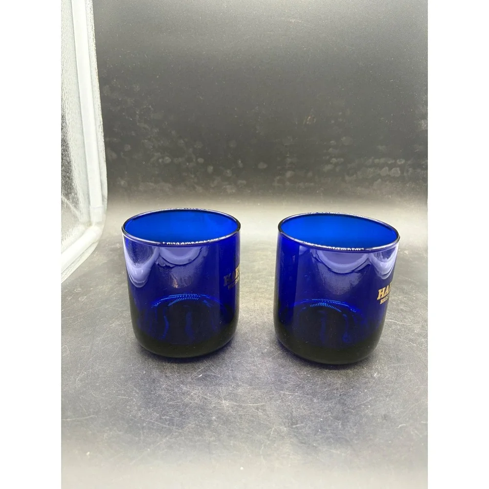 Harveys Bristol Cream Cobalt Blue Sherry Glasses Set of 2 Gold Logo Vintage